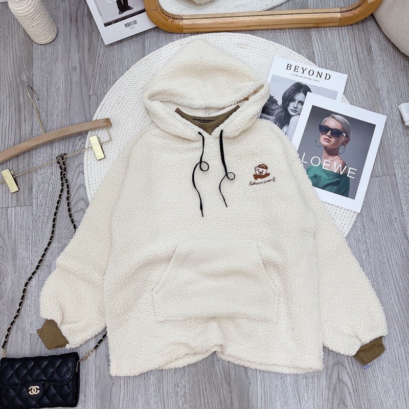 Áo Hoodie Lông Thêu Gấu Cực Cute Form Rộng, Áo Hoodie Nữ Chất Liệu Lông