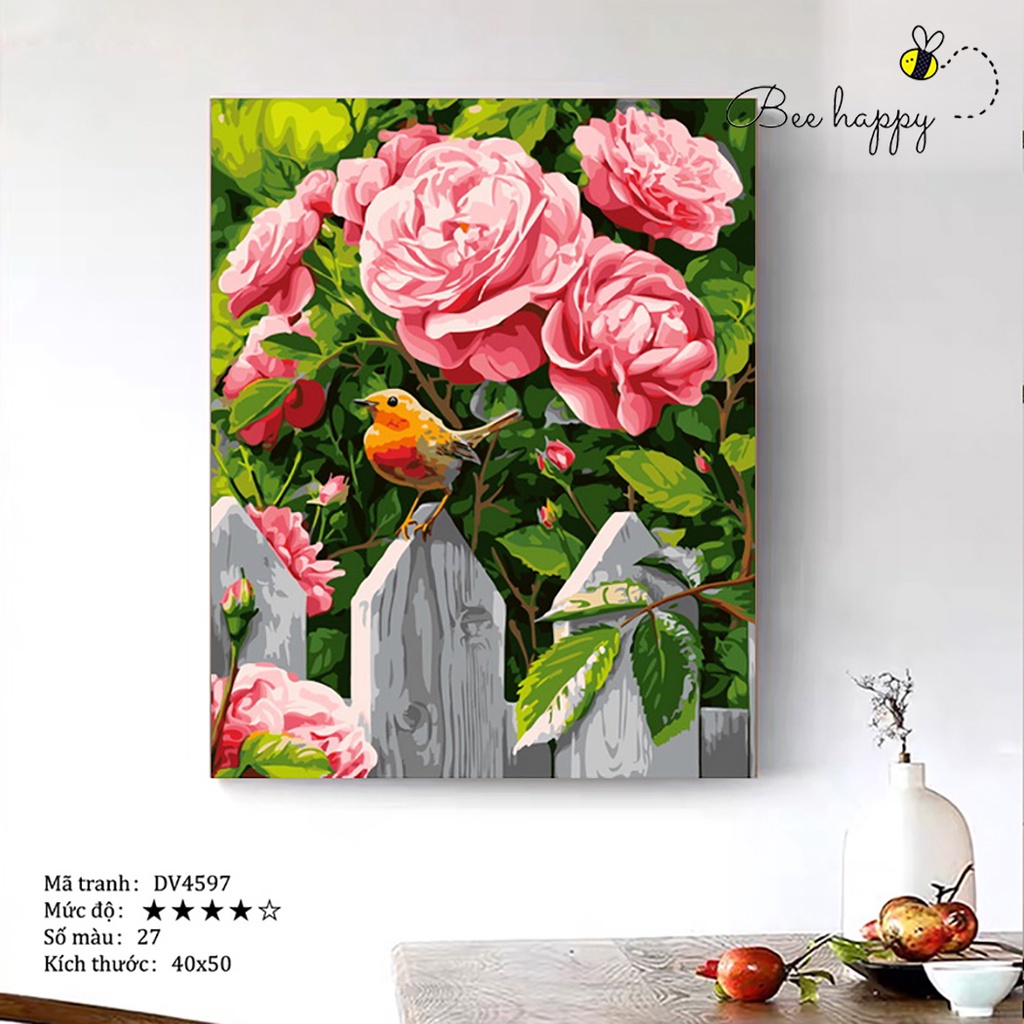 Tranh tô màu theo số Chim họa mi bên bờ rào hoa BEE HAPPY cao cấp màu 5ml, 2 bộ cọ có sẵn mã DV4597