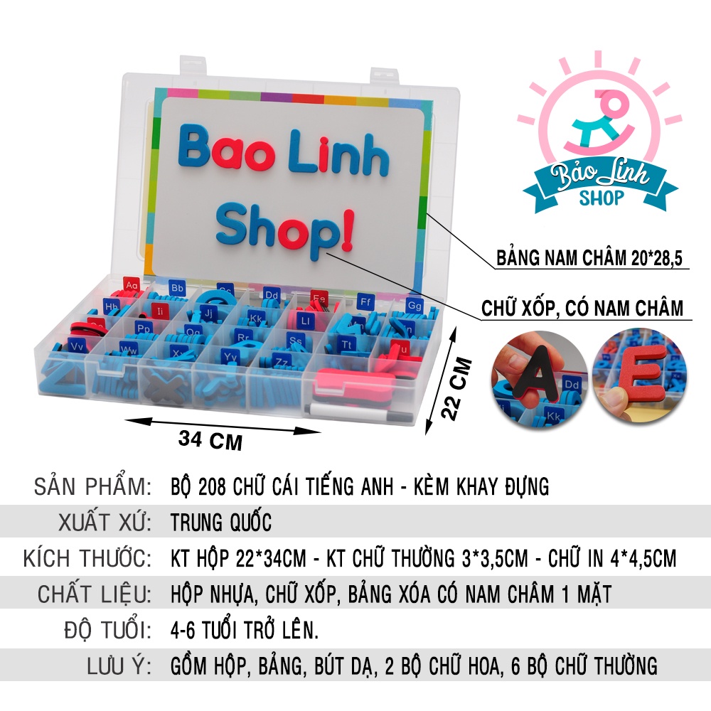 Bộ 208 chữ cái Tiếng Anh có nam châm CHUẨN Montessori - Phân biệt nguyên âm, phụ âm TẶNG thêm bảng từ, kèm khay đựng