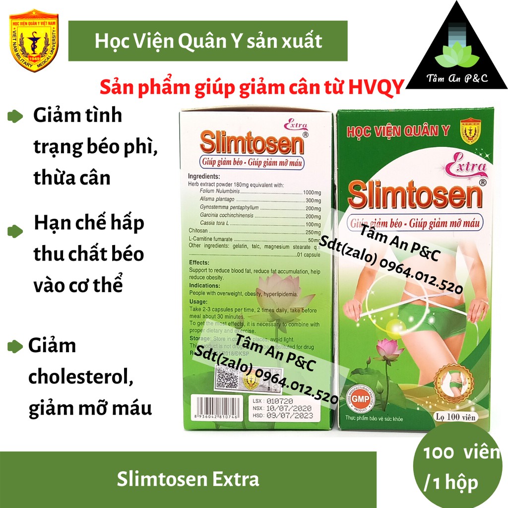 (Combo giảm cân) 1 hộp viên uống Slimtosen Extra+3 hộp trà Slimutea Học Viện Quân Y dùng trong 1 tháng- CHÍNH HÃNG HVQY
