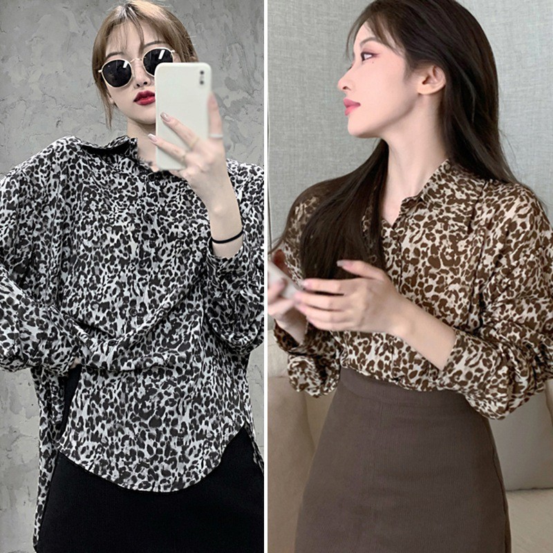 Áo Sơ Mi Dài Tay Dáng Rộng In Họa Tiết Da Báo Kiểu Cổ Điển Cá Tính Cho Nữ Blouse