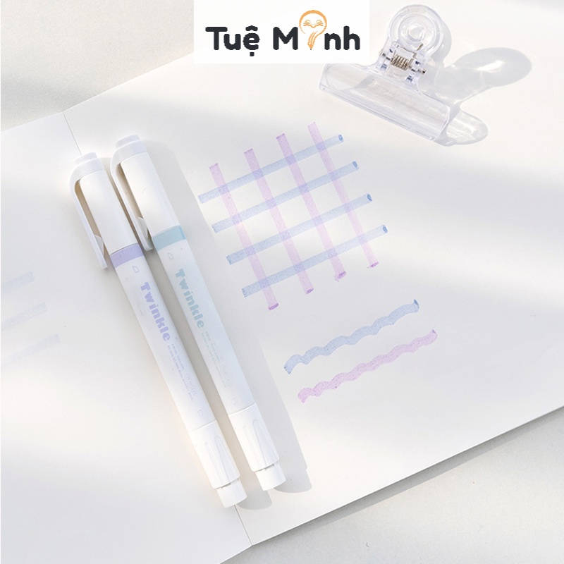 Bộ 4 bút higlight 2 đầu nhũ kim tuyến Twinkle B43 màu dạ quang ánh kim bút nhớ Pastel