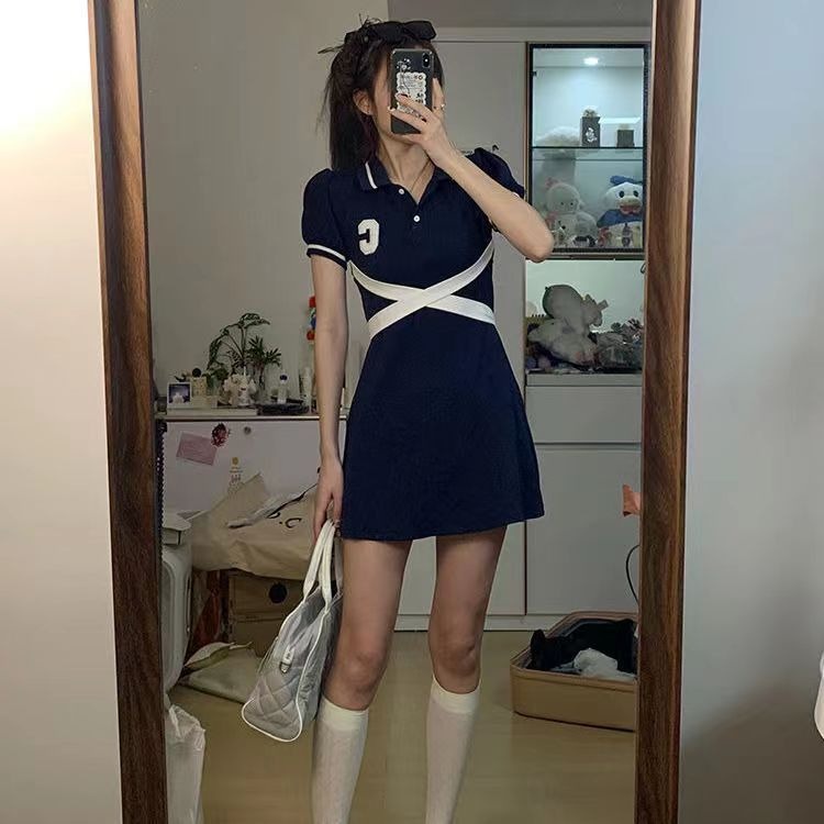 Váy công sở liền thân body thắt eo, Váy Bó Eo Ngắn Tay Cô Gái Quần Vợt Phong Cách Học Đường Cổ Polo
