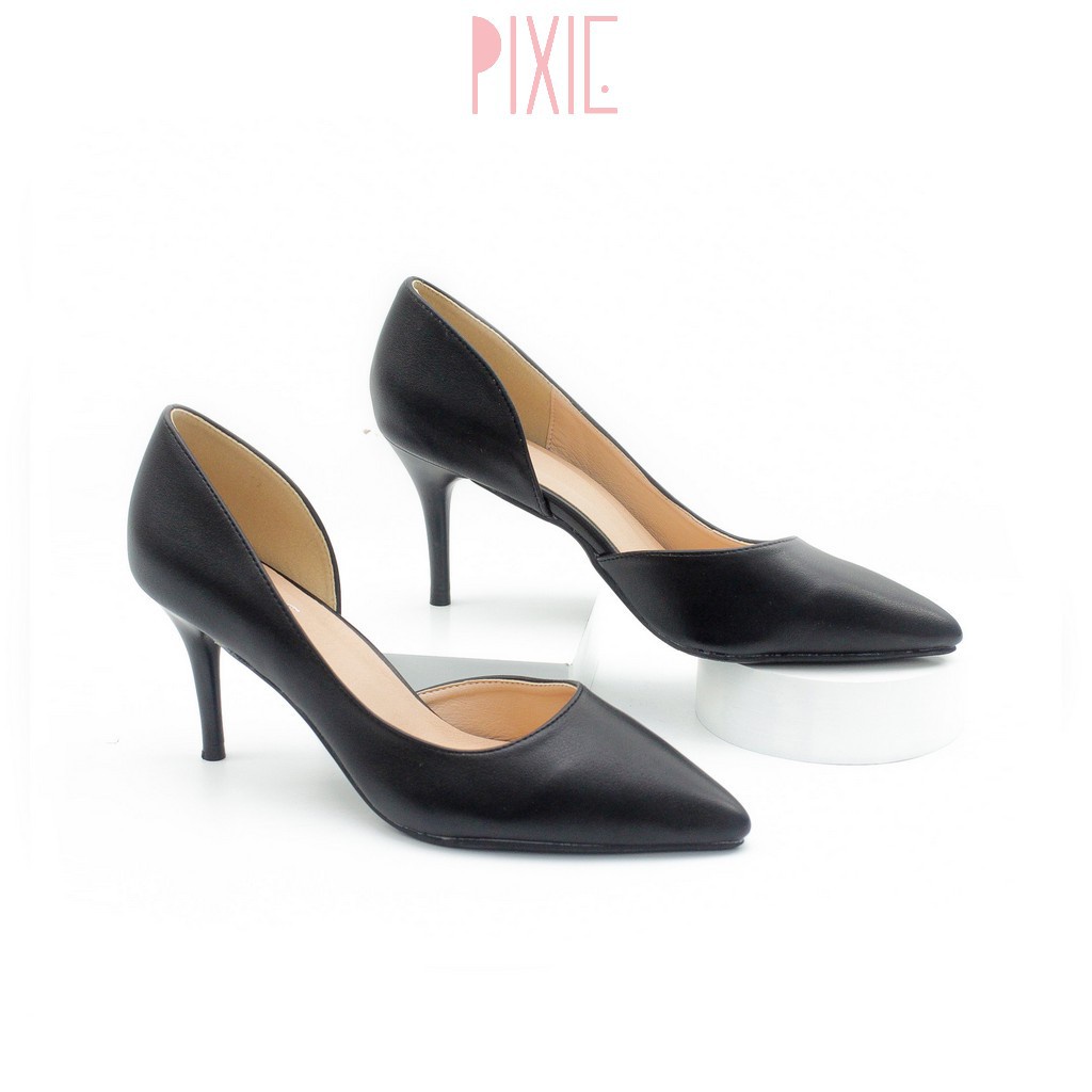 Giày Cao Gót 7cm Khoét Eo Mũi Nhọn Màu Đen Pixie P113 ;