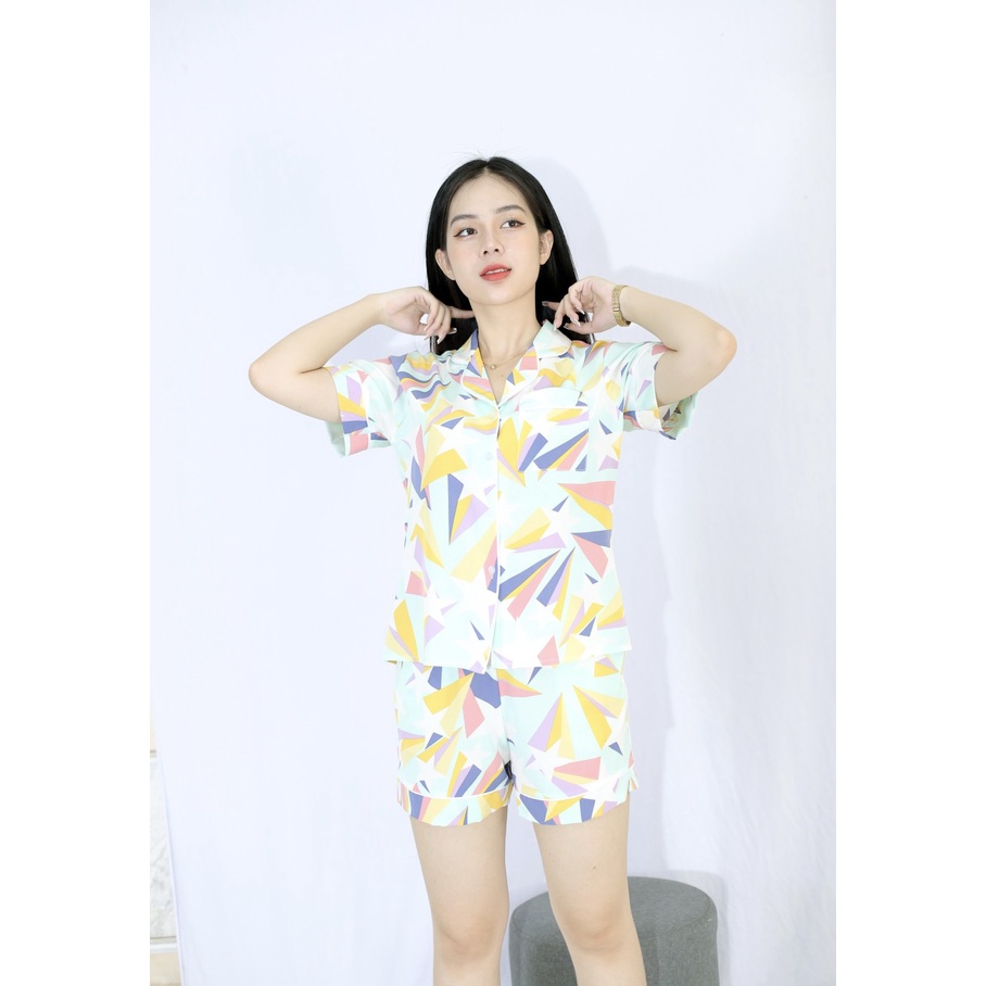 Bộ đồ bộ Pijama nữ ngắn D45 XANH NHẠT HÌNH NGÔI SAO - Lụa 108 - Cực Kì Sang Chảnh