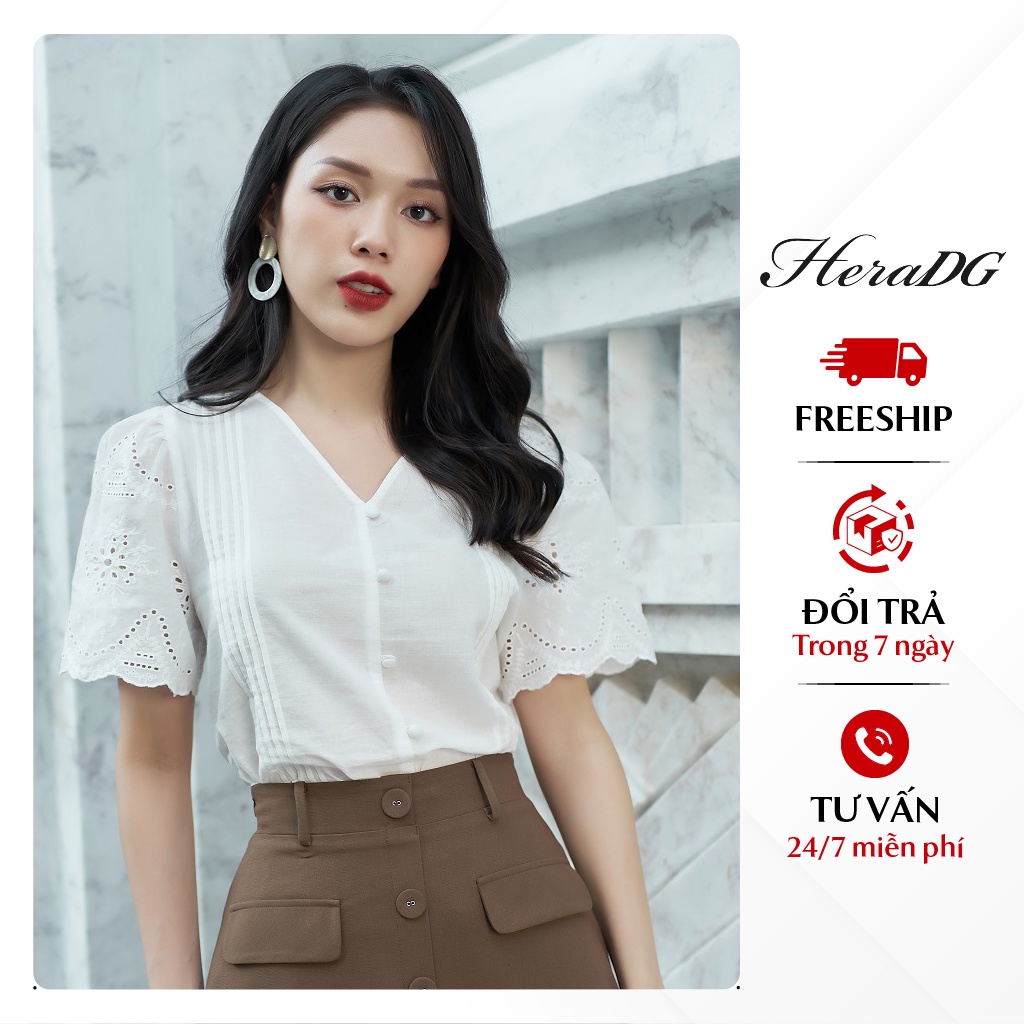 Áo Sơ Mi Công Sở Nữ HeraDG Dáng Suông Cổ V, Ngực Thêu Xếp Ly Tinh Tế, Chất Vải Thô Cao Cấp SAKBA059