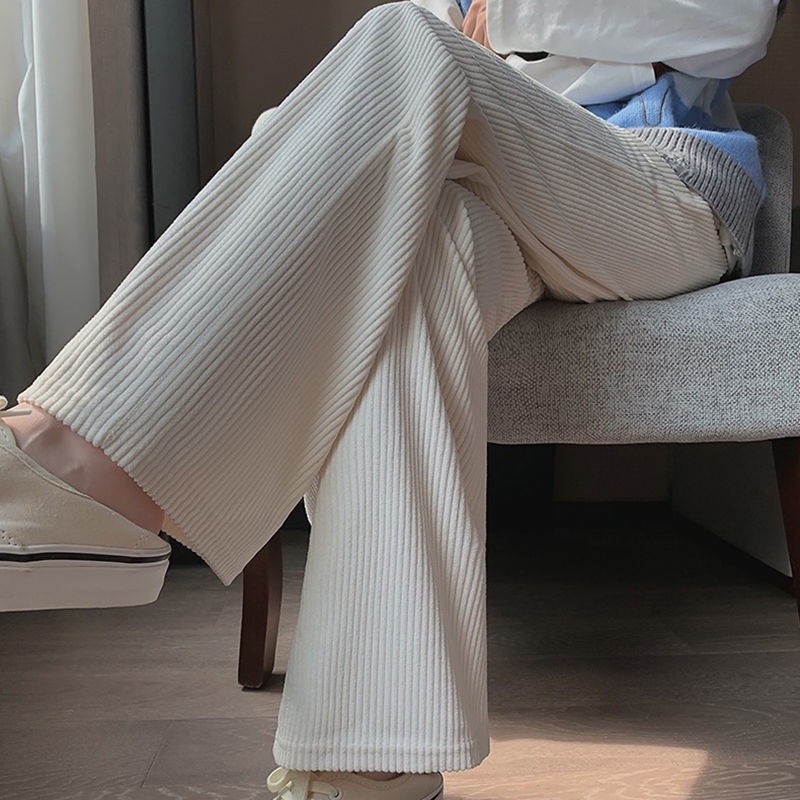 Quần dài ống rộng thẳng cạp cao bằng nhung kẻ phong cách xuân thu Hàn Quốc giản dị mới cho nữ