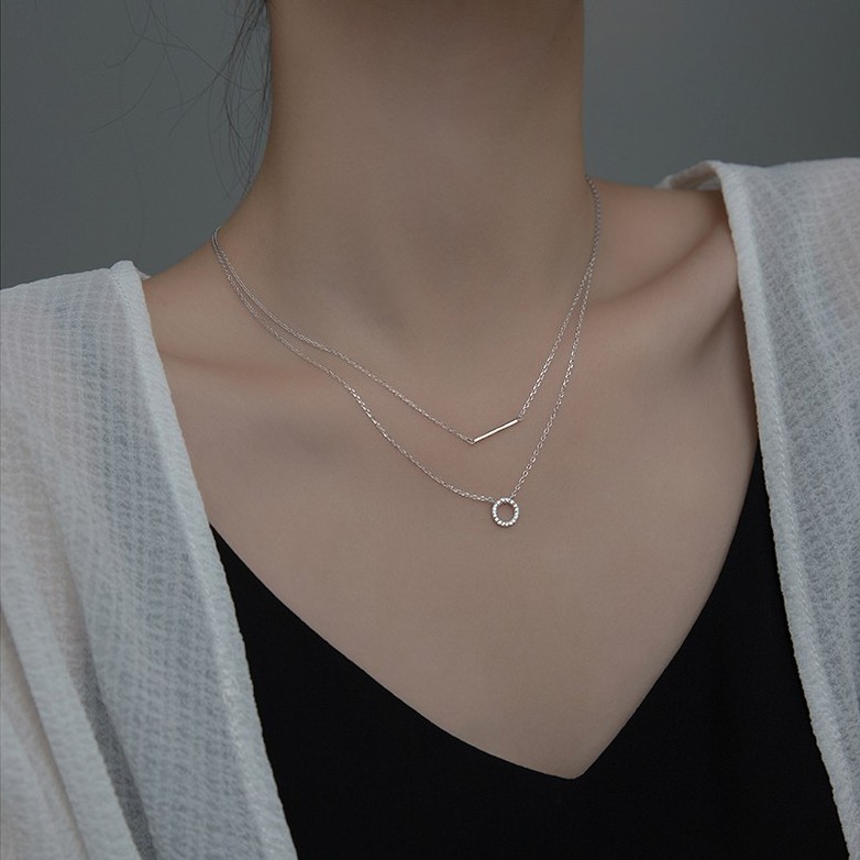 Dây chuyền bạc vòng cổ nữ bạc s925 dây kép thanh ngang và mặt tròn đính đá Cá jewelry DC99