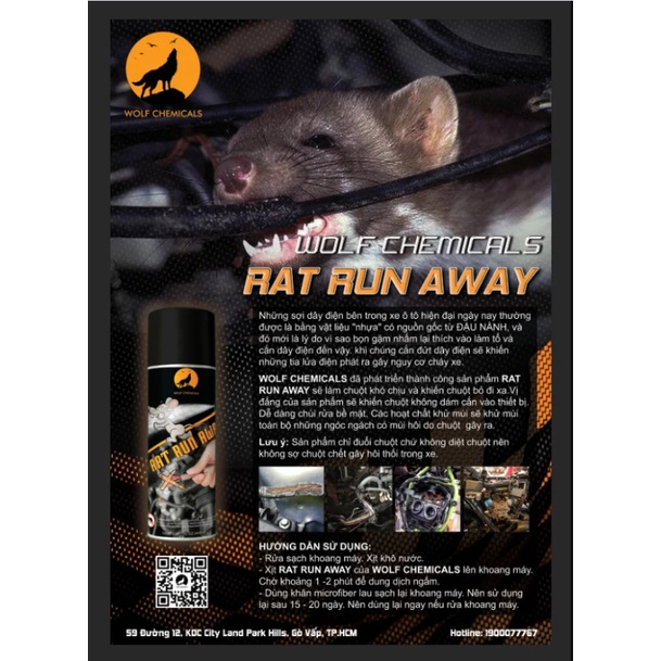 Chai xịt đuổi chuột đi xa, tránh cắn dây điện xe máy, ô tô, xịt khoang đông cơ Rat Run Away 455ml Wolf Chemicals USA