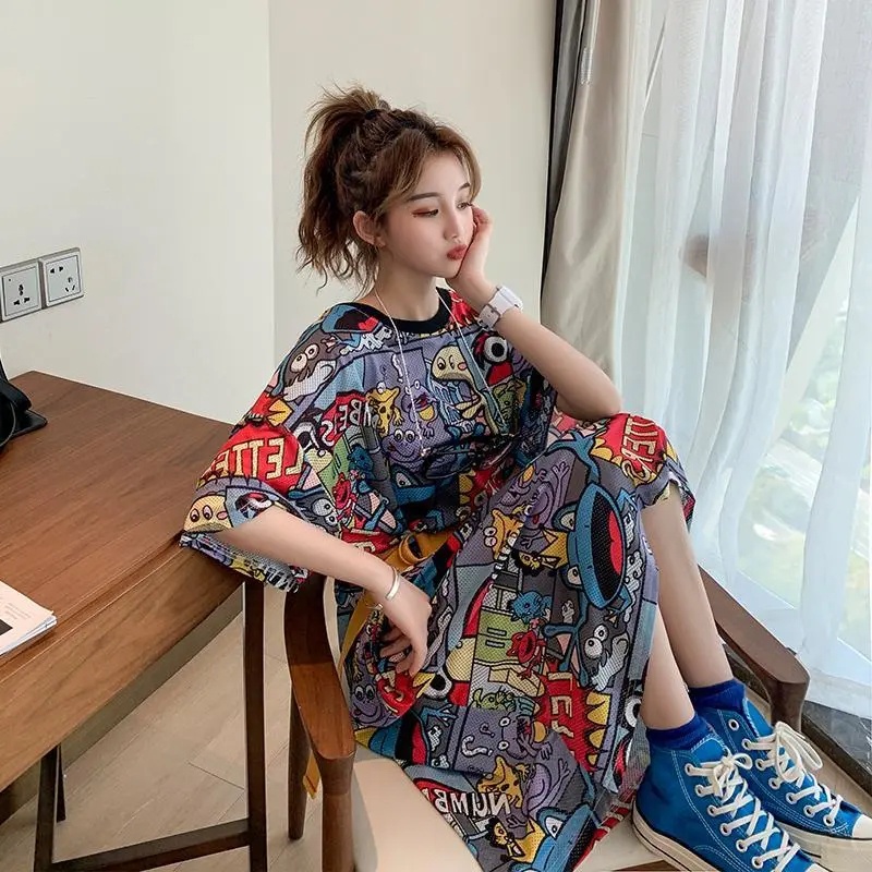 Đầm Ngủ Dáng Rộng Cổ Tròn In Họa Tiết Hoạt Hình Kiểu Hàn Quốc Thời Trang Xuân Hè Cho Nữ C8342 45-100KG