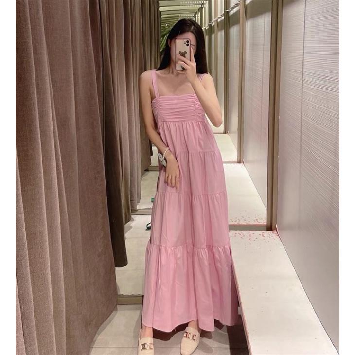 Đầm dây ZA maxi dáng dài bo chun cháy dáng xoè chất kate