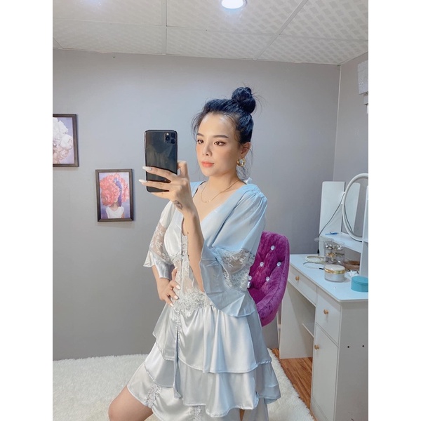 Sét Choàng Ngủ Cao Cấp, Váy Ngủ Lụa Nữ Kèm Choàng Phối Voan Tầng Siêu Xinh | BigBuy360 - bigbuy360.vn