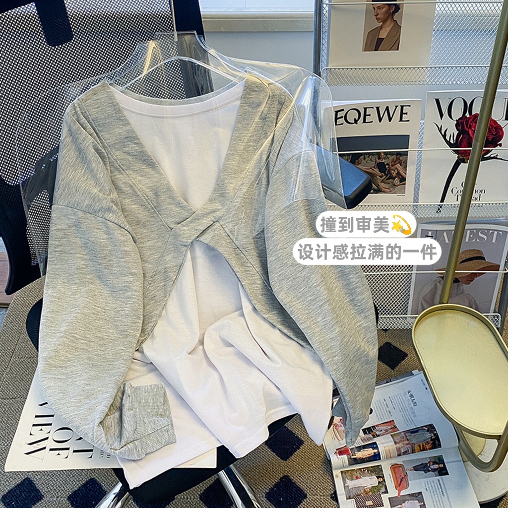 QOEDDV Áo nỉ dài tay cổ tròn giả hai lớp phong cách thời trang Hàn Quốc mới lạ dành cho nữ