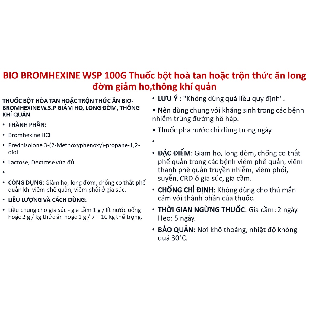BIO BROMHEXINE WSP 100G long đơm giam ho ơ gia suc gia cam