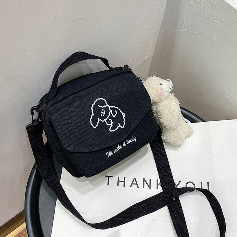 Túi canvas đeo chéo thêu hình chú chó đáng yêu phong cách Harajuku Nhật Bản | BigBuy360 - bigbuy360.vn