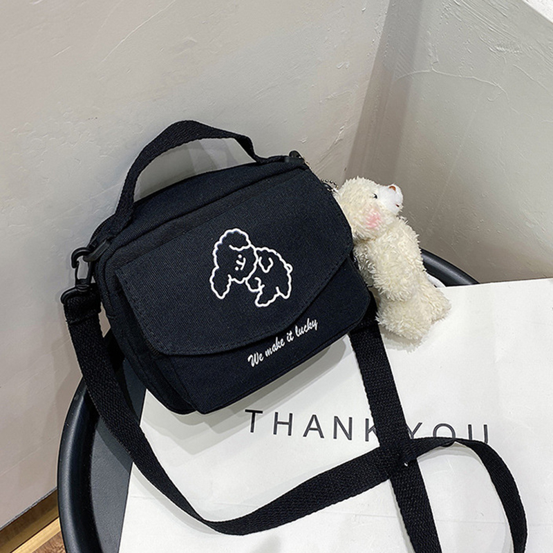 Túi canvas đeo chéo thêu hình chú chó đáng yêu phong cách Harajuku Nhật Bản YR