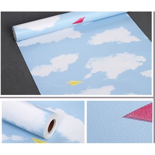 1 mét Giấy dán tường họa tiết mây trắng trên nền trời xanh khổ rộng 45cm có keo sẵn