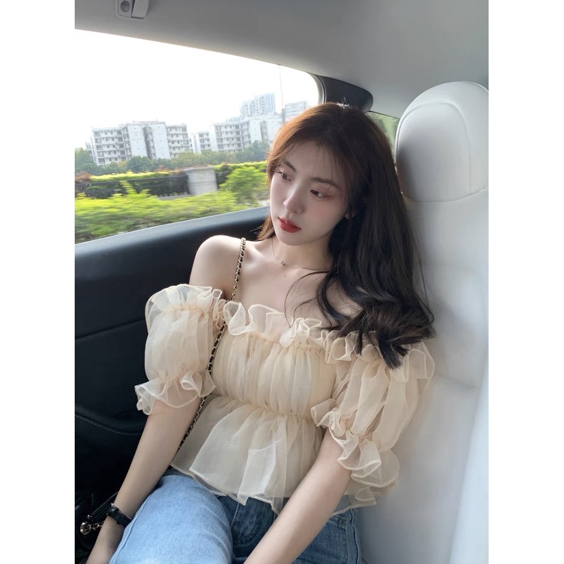 Áo croptop trễ vai voan tơ xếp ly bồng bềnh- Beautyone