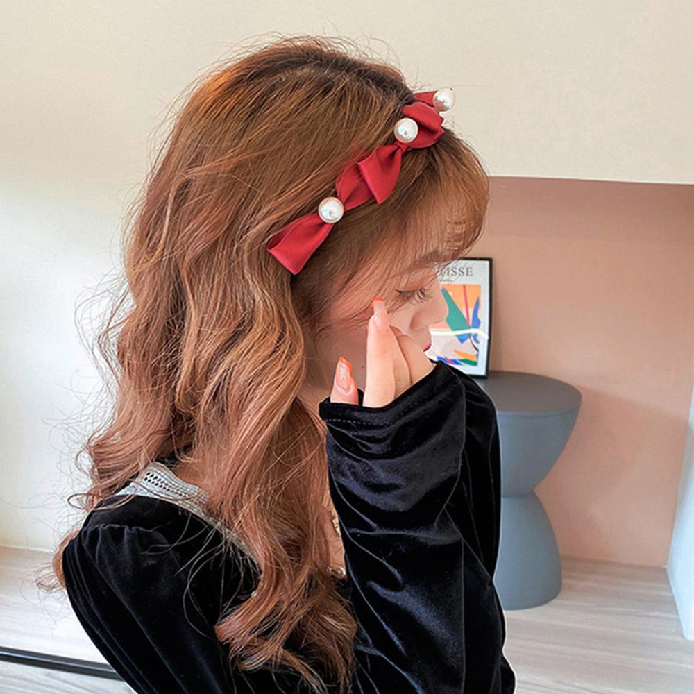 Băng Đô Cài Tóc Bằng Vải Đính Nơ Màu Đỏ Đen Dễ Thương