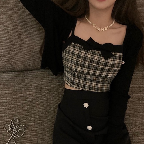 Áo hai dây ZHELIHANGFEI vải dệt kim ngắn thắt nơ họa tiết ca rô