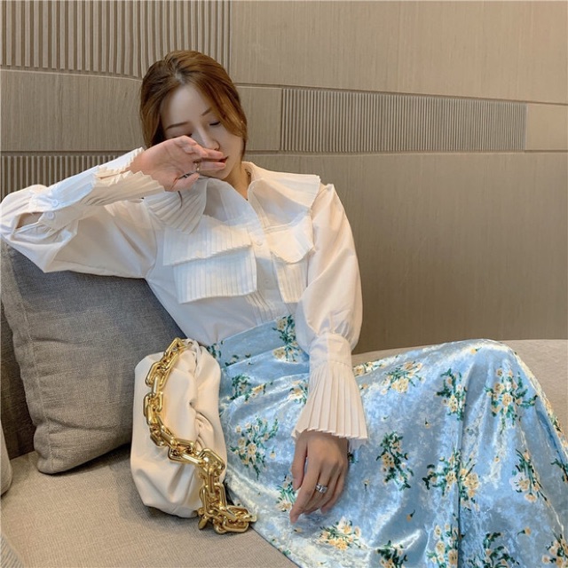 [Mã WAMT1505 giảm 10K đơn 0K] Set Áo Sơmi Cổ Quạt Kèm Váy Hoa Thanh Lịch Công Sở | BigBuy360 - bigbuy360.vn