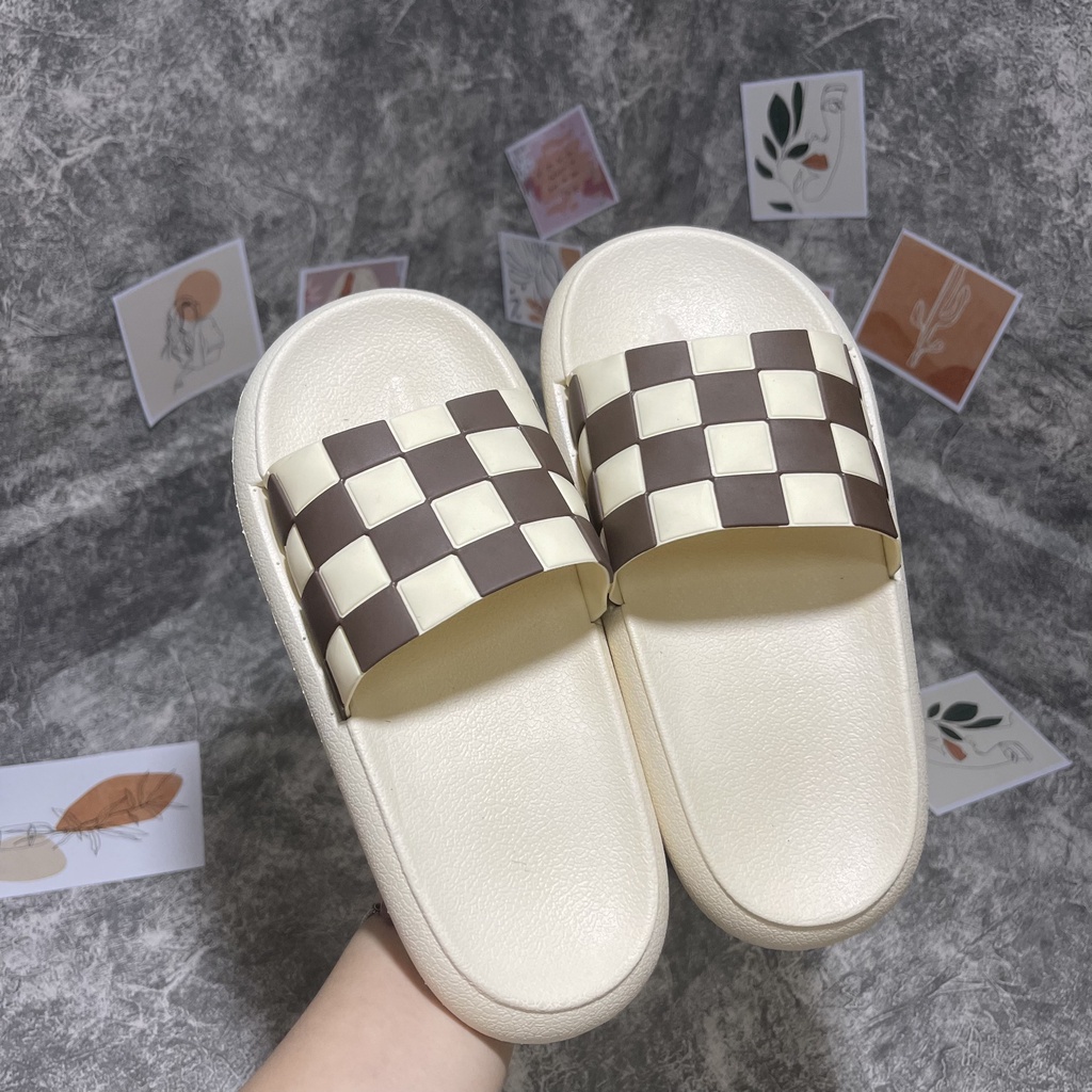*ẢNH THẬT*Dép Bánh Mì Nam Nữ, Kiểu Dép Nữ Quai Ngang, Họa Tiết Caro Xinh Xắn, Đế Xốp Êm Chân 2 Màu Đen Trắng