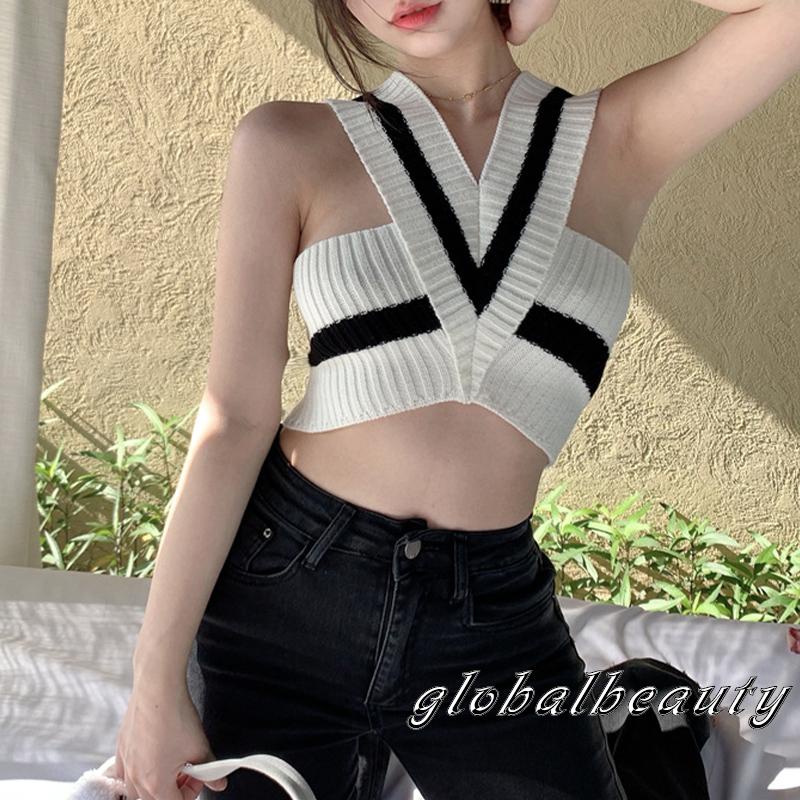 Áo Croptop Dệt Kim Hai Dây Cổ Chữ V Màu Sắc Tương Phản Thời Trang Mùa Hè Dành Cho Nữ