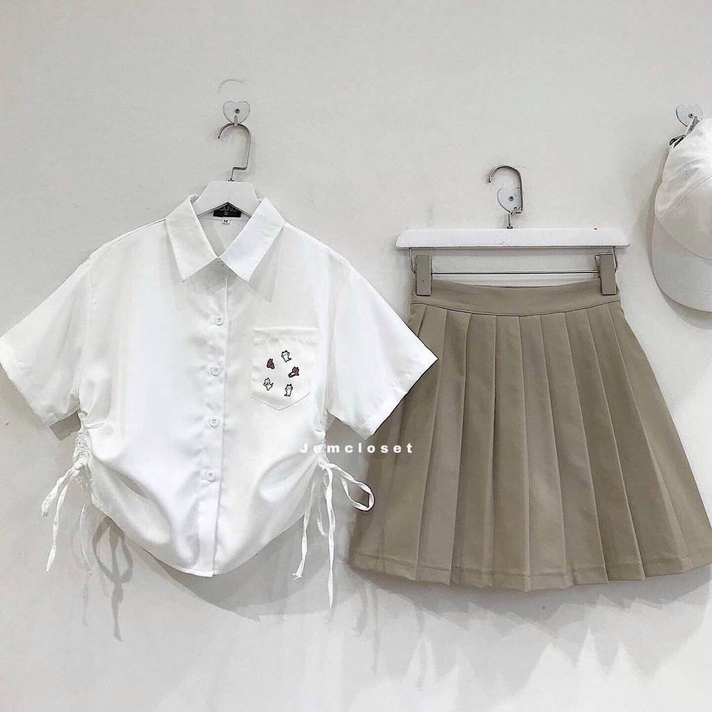Áo Sơ Mi Croptop Nữ Dây Rút Áo Croptop Nữ Form Rộng Phong Cách Ulzzang Dễ Thương KOS Có 2 Màu Trắng Đen 10045
