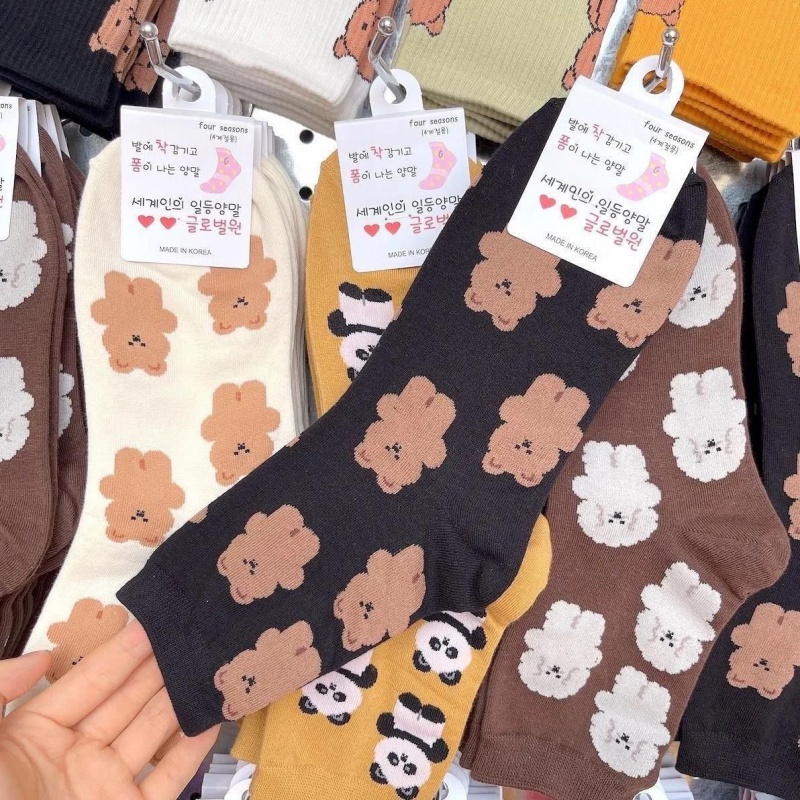 Vớ Cổ Trung Màu Trơn In Họa Tiết Hoạt Hình Thỏ / Gấu Trúc Phong Cách Nhật Bản Dễ Thương Cho Nữ