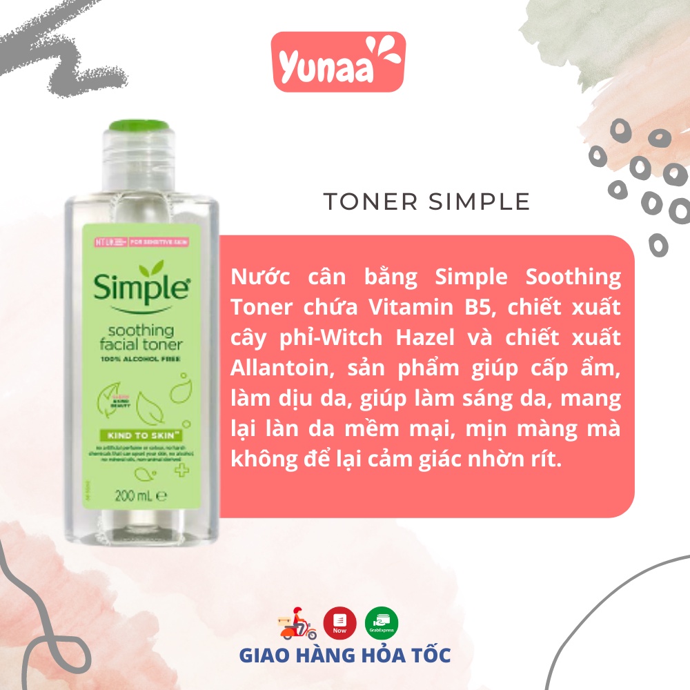 Nước hoa hồng Simple Kind to Skin Soothing Facial Toner 200ml - Yunaa Cosmetics