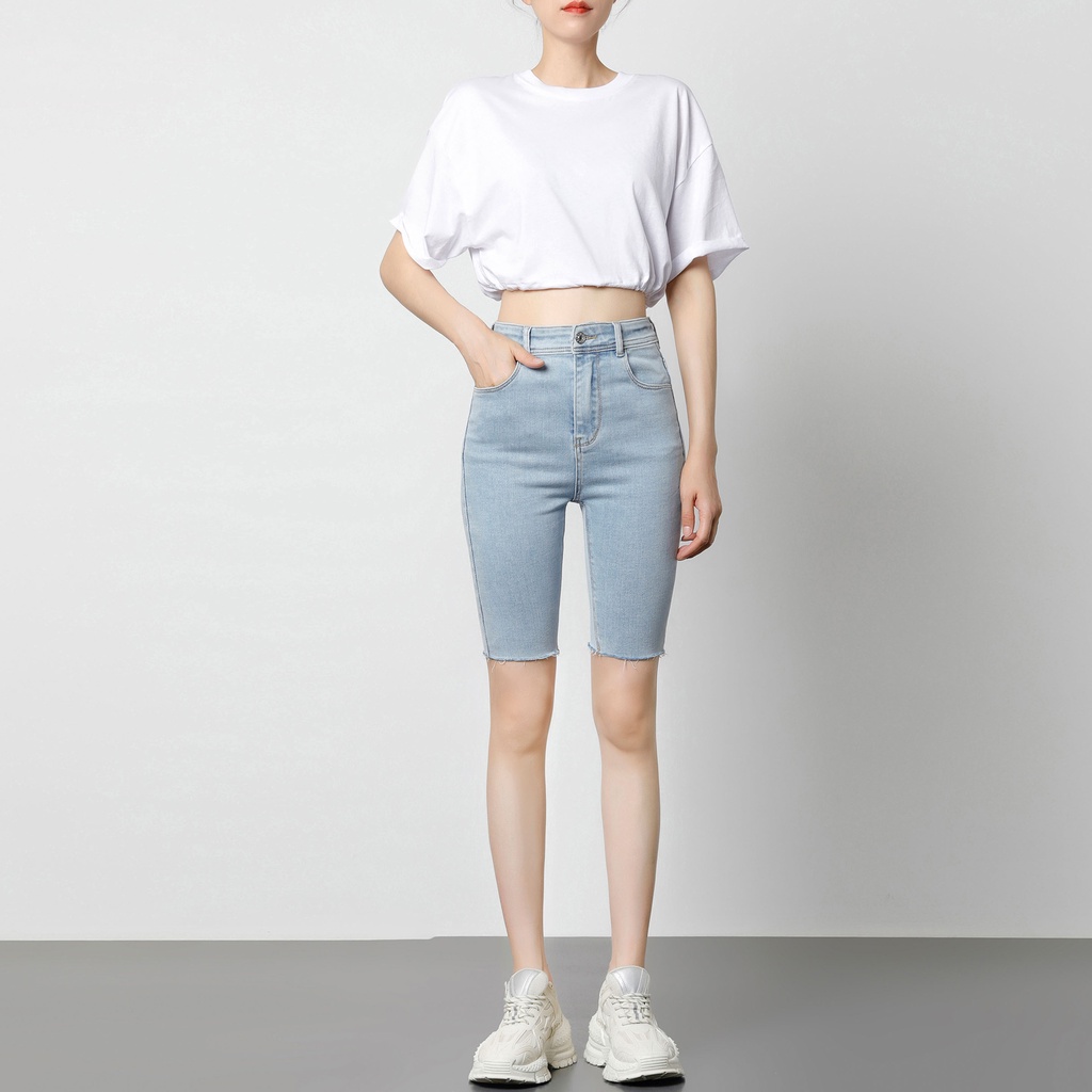 Quần short jean nữ lưng cao ôm cắt lai cá tính phong cách Hàn Quốc M Fashion SN05