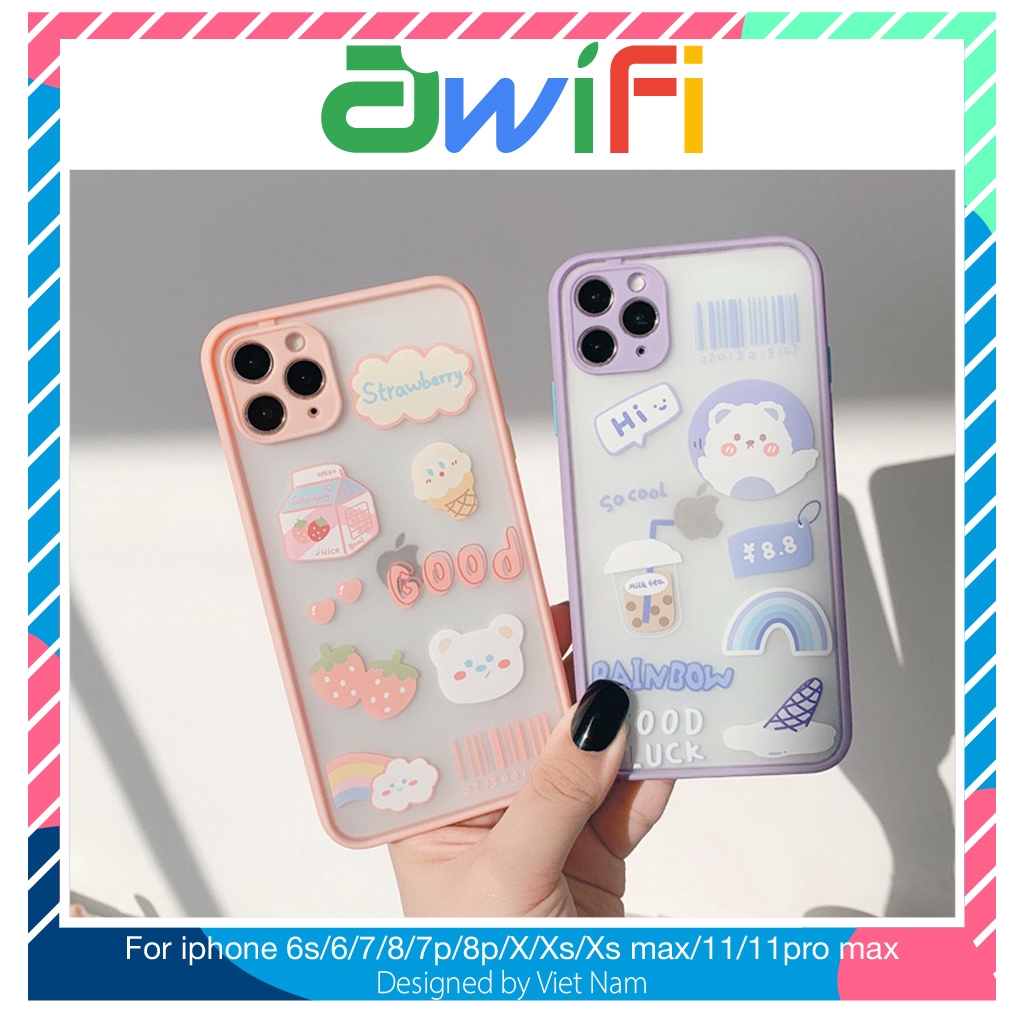 Ốp iphone - Ốp lưng viền nhám Gấu Strawberry Rainbow 6s/6splus/7/8/7plus/8plus/x/xs/xsmax/11/11promax-Awifi Case S1-9
