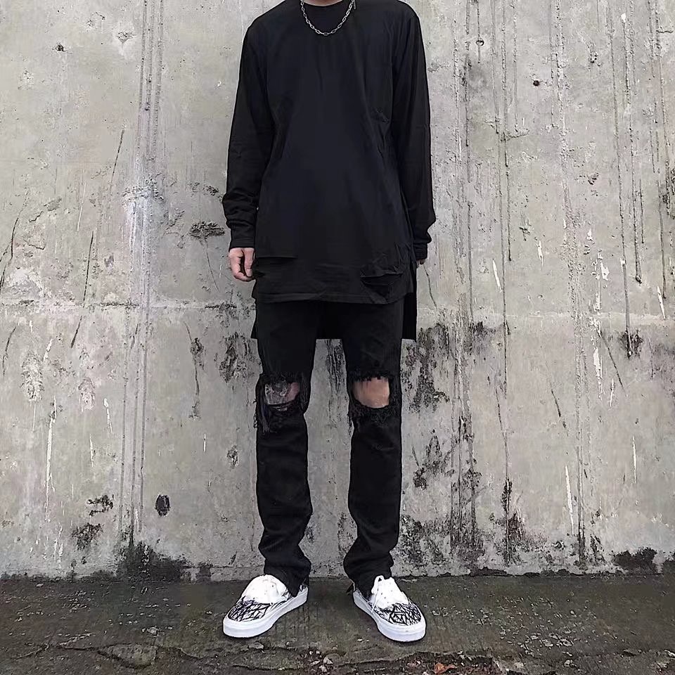 Quần Jean Dài Dáng Ôm Màu Trơn quần jean nam đen rách gối Phối Rách Kiểu Hip-Hop quần jean nữ Hàn Quốc quần ống suông Thời Trang quần bò nữ