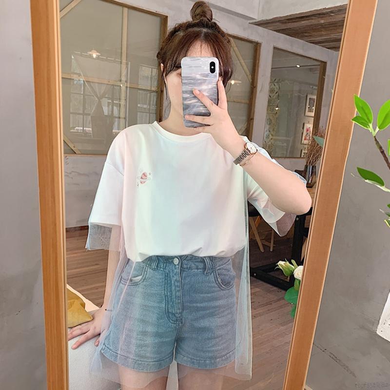 Áo thun tay ngắn phối lưới họa tiết thêu thời trang cho nữ | BigBuy360 - bigbuy360.vn