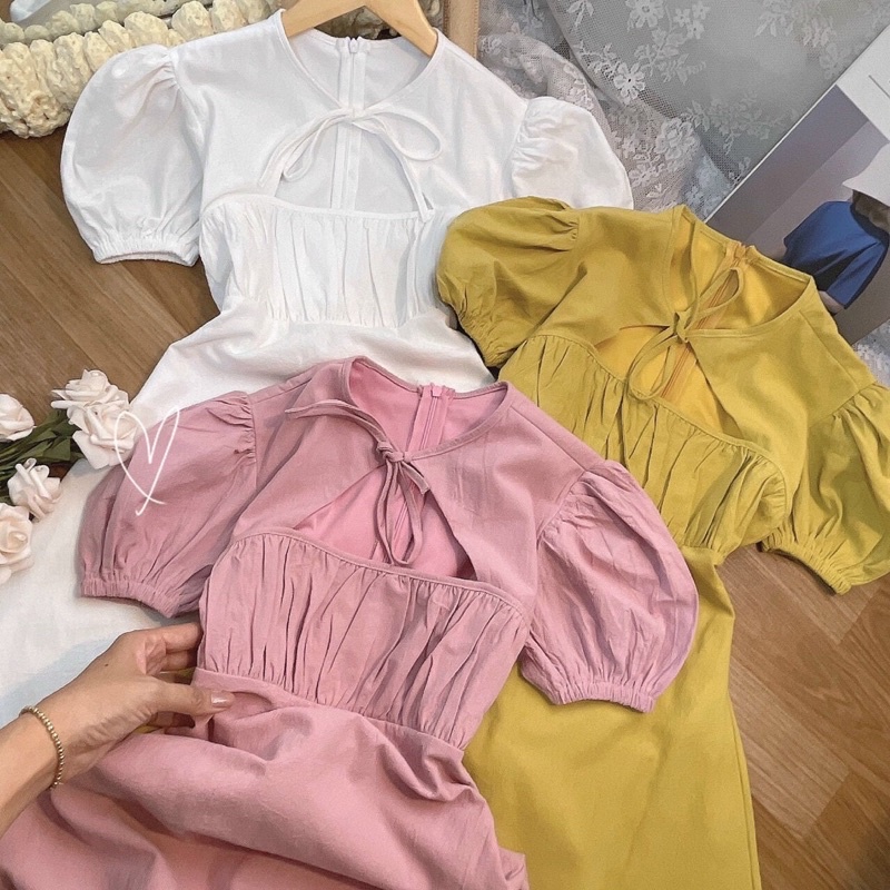 Đầm ngắn dáng chữ A khoét cổ 3 màu mùa hè Sun Fashion