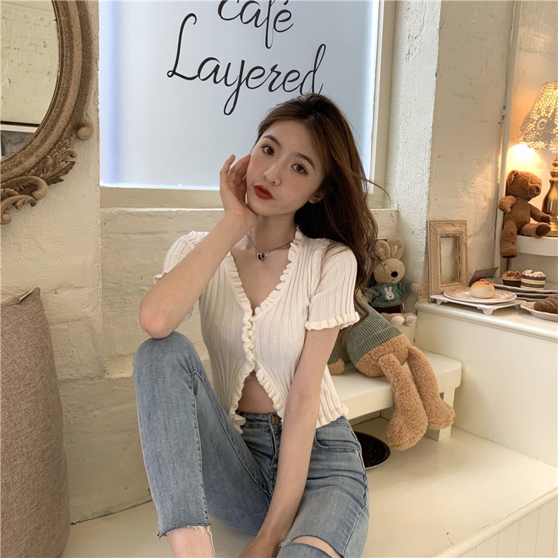 Xiaozhainv Áo Thun Tay Ngắn Màu Trơn Phong Cách Hàn Quốc