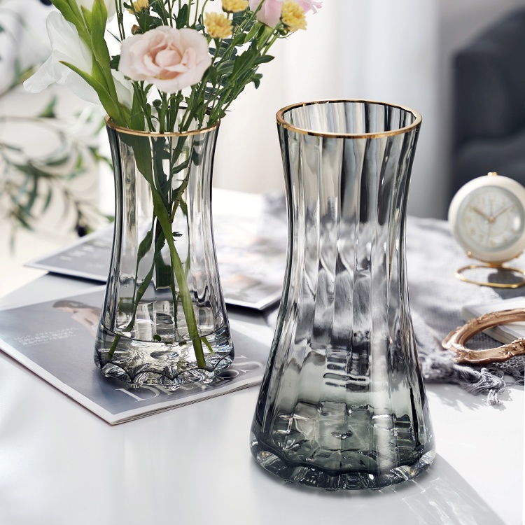 Lọ hoa thủy tinh viền vàng gudecor, bình hoa decor phòng ngủ và trang trí phòng khách cao cấp