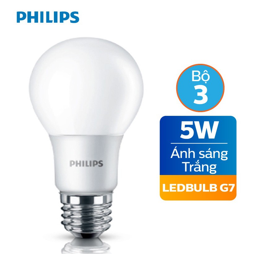 Bộ 3 Bóng đèn Philips LED siêu sáng tiết kiện điện 5W E27 230V A60 - Ánh sáng trắng / Anh sáng vàng