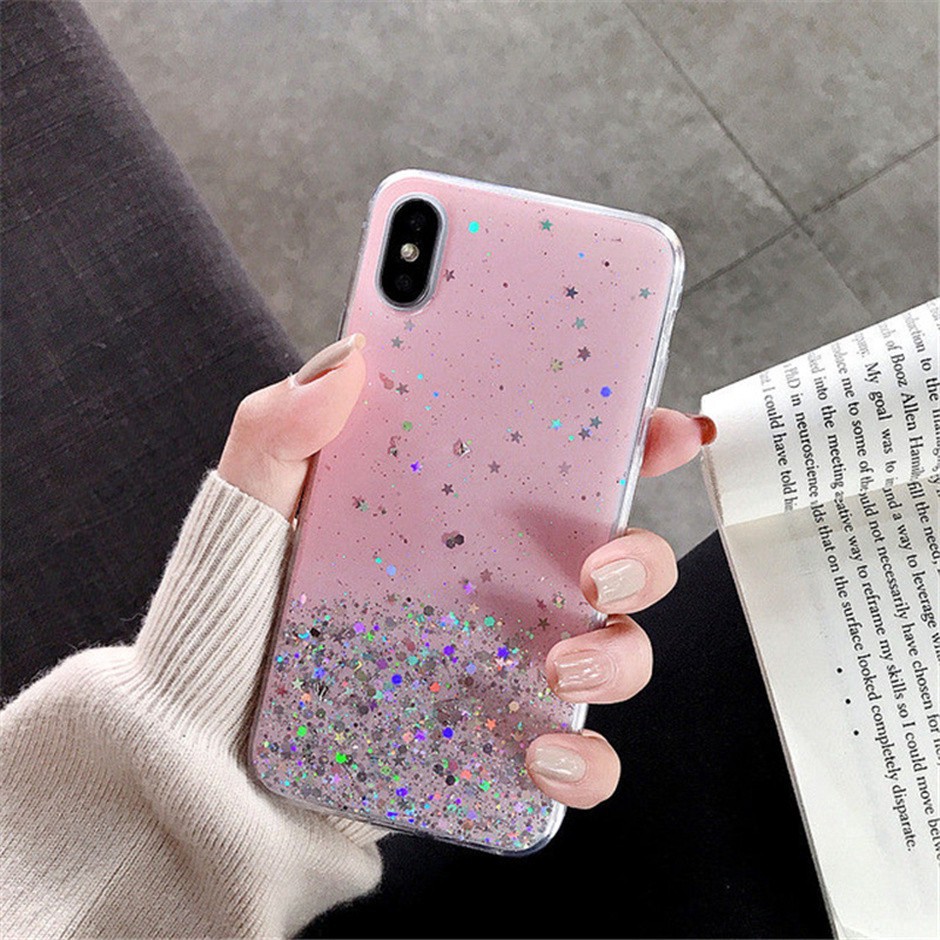 Ốp điện thoại đính sequin hình ngôi sao lấp lánh nền trong suốt cho iPhone 13 12 Pro X Xs XR Xs Max 11 Pro Max