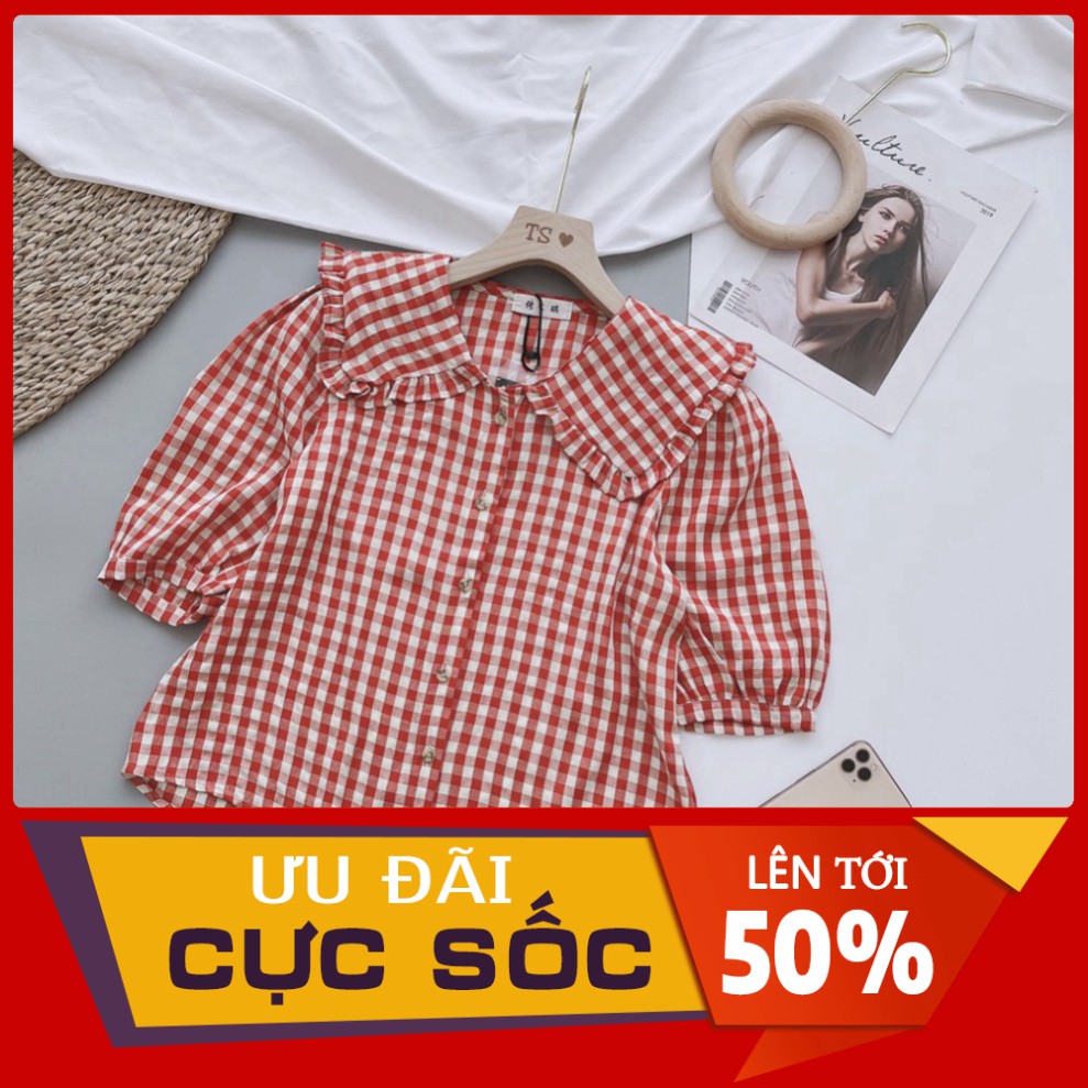 ÁO SƠ MI KẺ ĐỎ CỔ BÈO TAY LỠ SIÊU HOT SM43 kèm video+ảnh thật aosominuhot | BigBuy360 - bigbuy360.vn