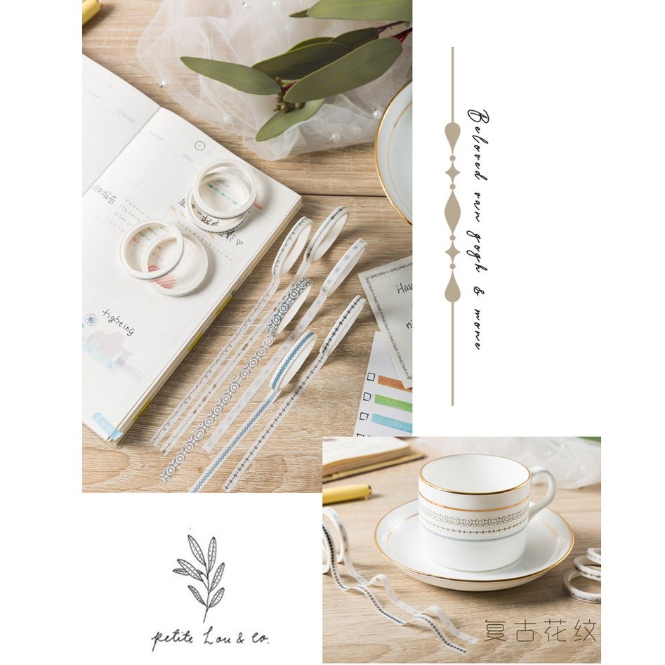 Set 10 washi tape họa tiết hoa lá vintage băng keo giấy nhiều màu sắc