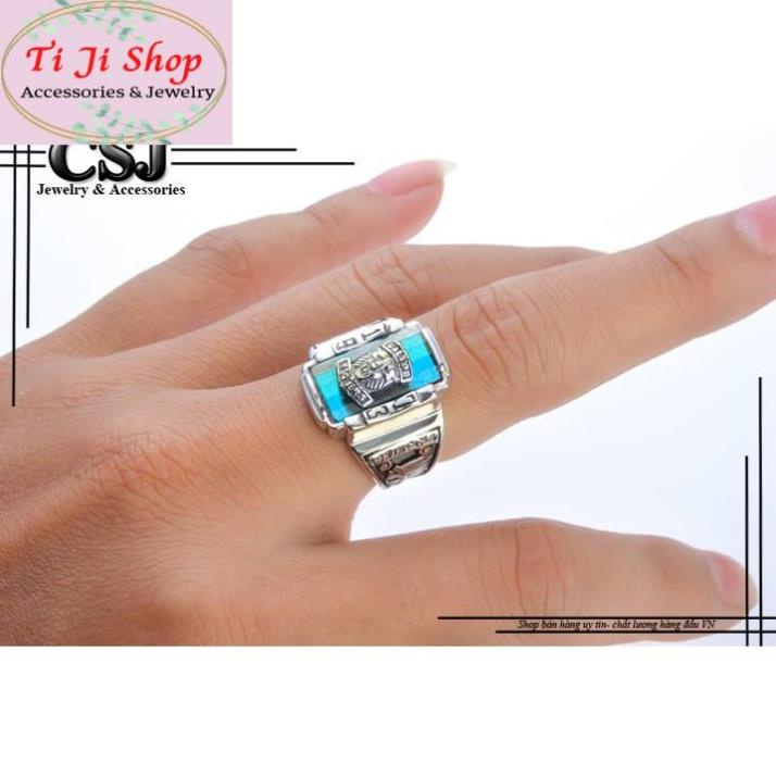 NHẪN NAM INOX SƯ TỬ 1973 ĐÁ XANH NƯỚC BIỂN siêu đẹp