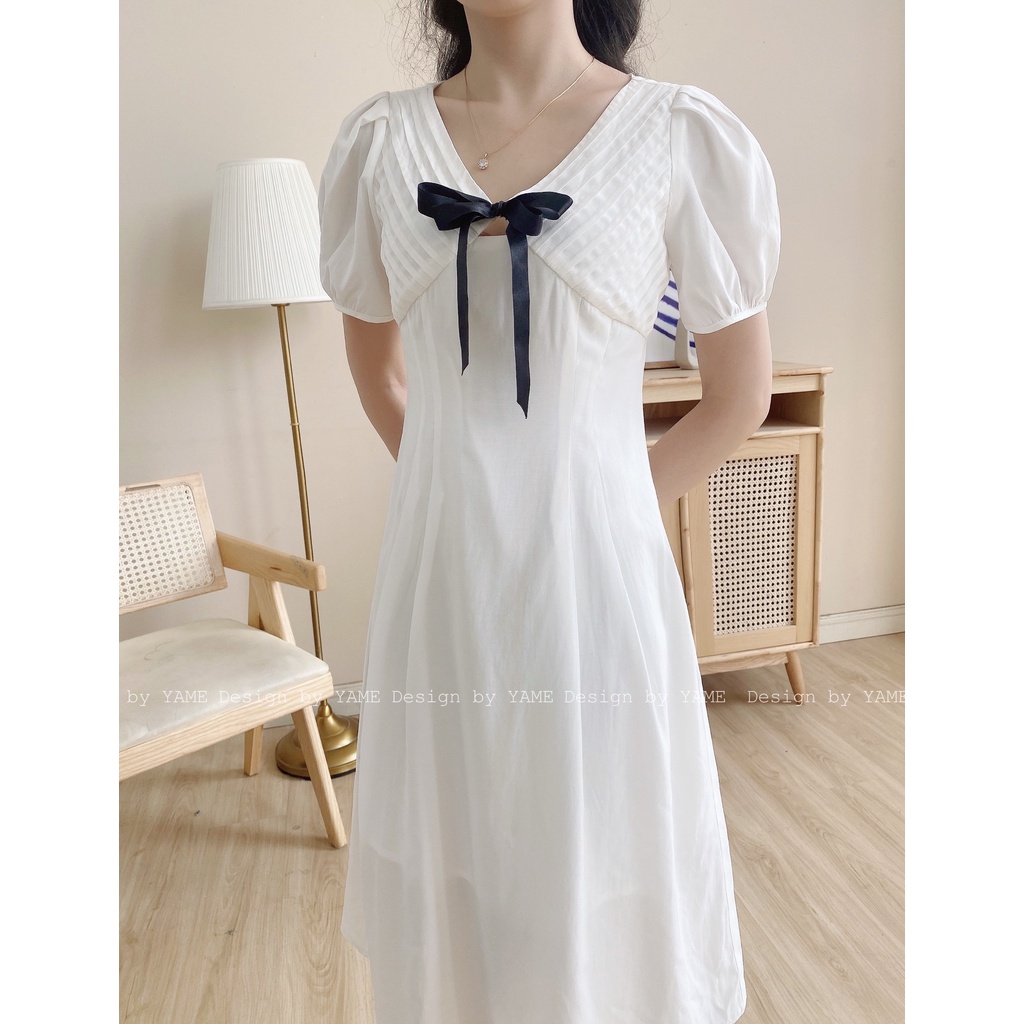 Váy trắng tiểu thư đi tiệc phối cổ nơ sang choảnh trắng li ngực đính nơ yv05 YAME