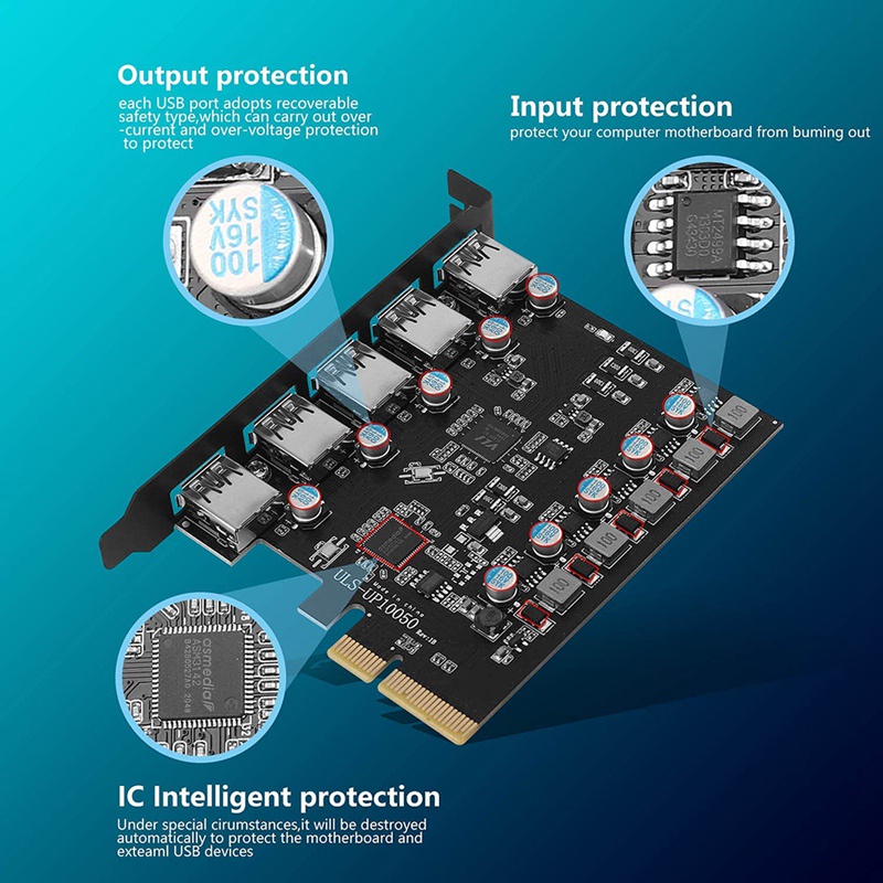 Bảng Mạch PCI-E Sang USB 3.2 5 Cổng Chuyên Dụng Cho PC Hỗ Trợ Windows 7 / 8 / 10 Mac Linux