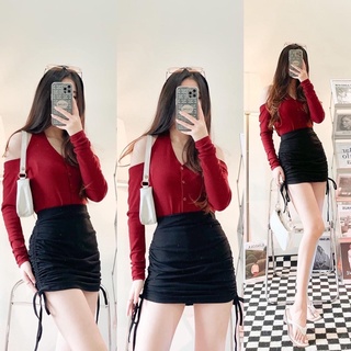 Set áo yếm len đỏ váy đen