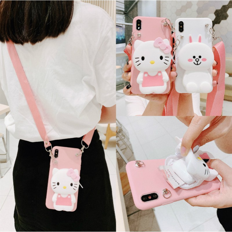 Samsung S10 S10PLUS S7edge S21Ultra S21+ A12 A42 5G A6 A8 A6Plus A6+ A8Plus A8+ A02S A01Core A21S A31 A11 Cartoon Kitty Cat wallet silicone mobile phone protective case Cute rabbit backpack mobile phone case Lanyard strap type mobile phone case
