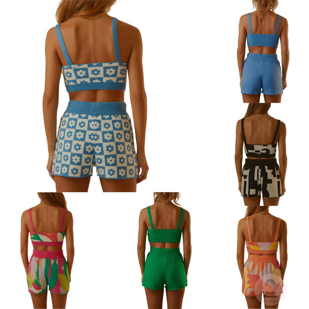 DRE-Women´s Two Pieces Clothes Outfit, Strap Sleeveless Printed Knitted Crop Tank Tops + Elastic Shorts