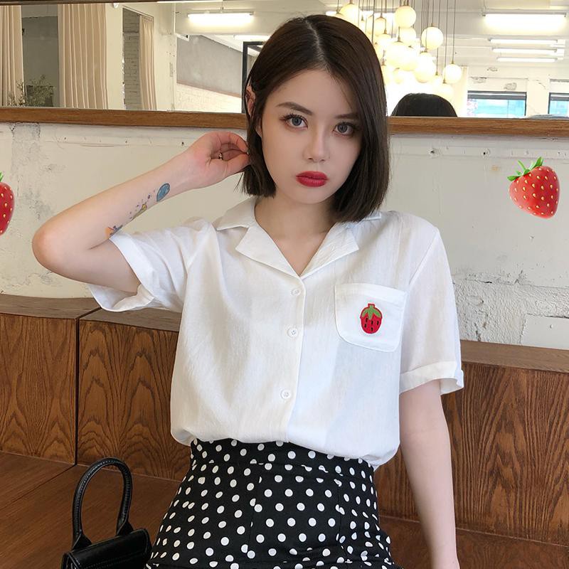 Áo Sơ Mi Tay Lỡ Màu Trơn Thêu Họa Tiết Trái Cây Hoạt Hình Phong Cách Hàn Quốc Cho Nữ MOMO515