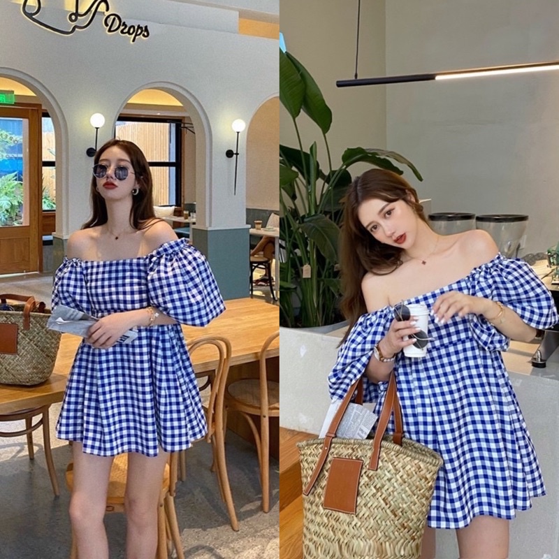 Váy Thô Tay Phồng Kẻ Xanh Dáng Babydoll Siêu Xinh Có Ảnh Thật Kèm Video