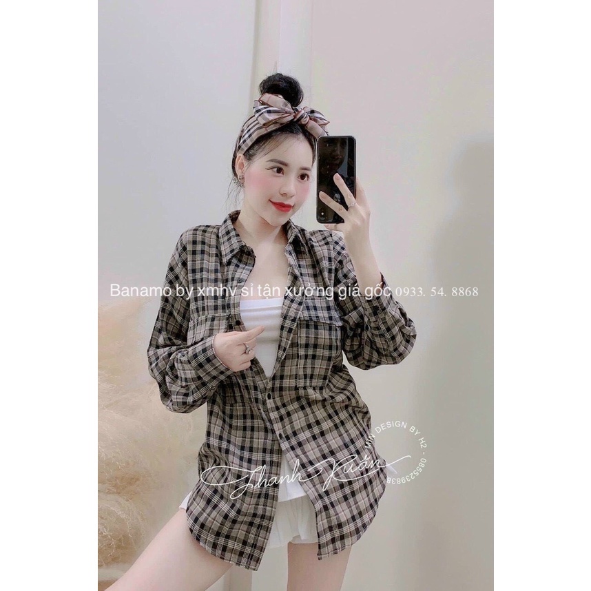 Áo sơ mi nữ form rộng tay dài kẻ caro Banamo Fashion Áo sơ mi kẻ 2 túi ngực unisex 3918